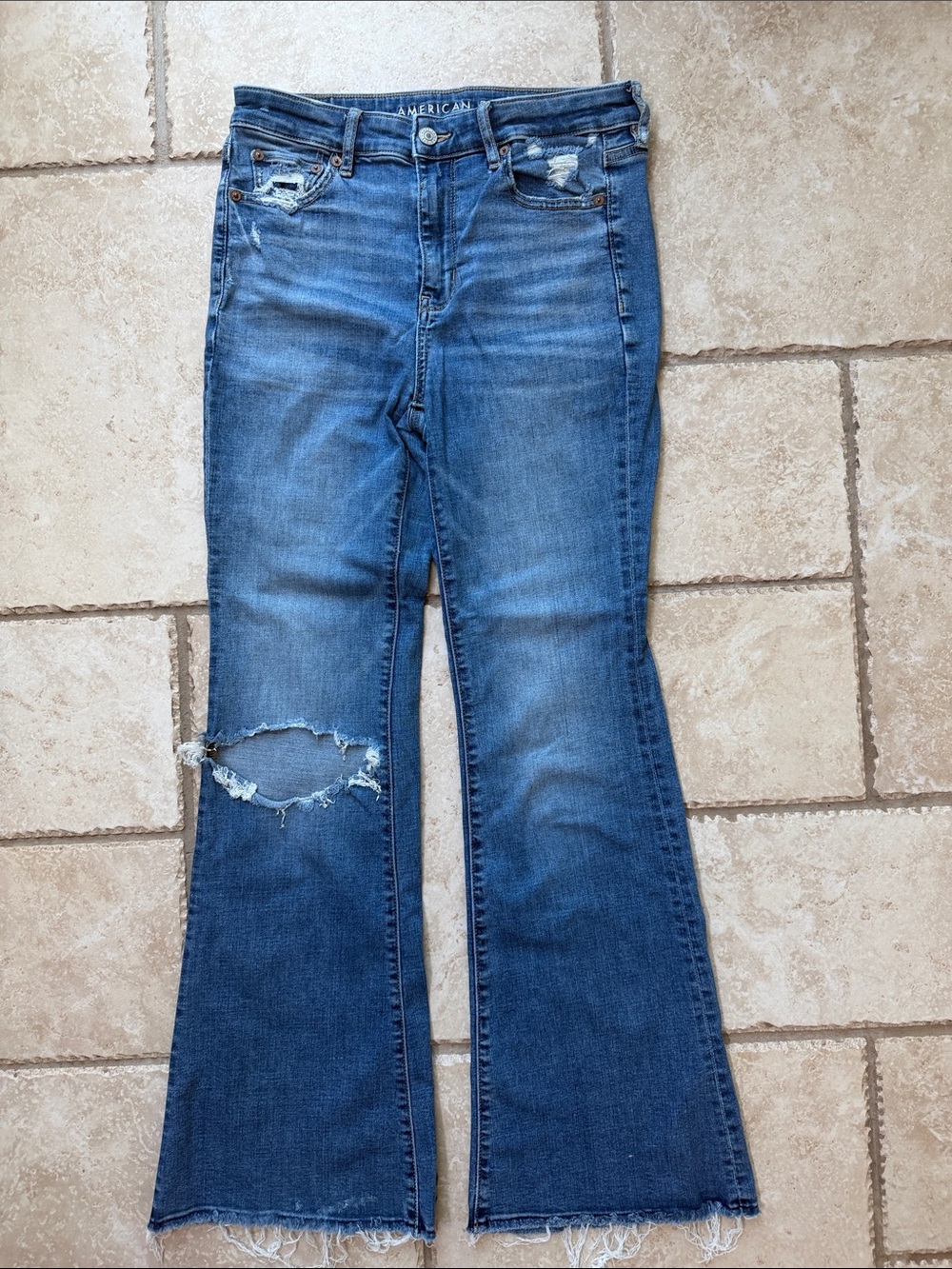 American Eagle Outfitters Medium Blue Distressed Flare Jeans